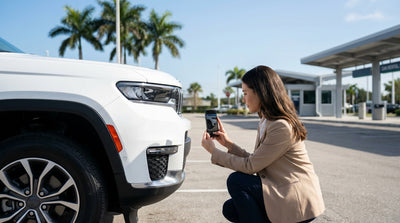 A driver photographs their white SUV car rental with a smartphone in a sunny Florida parking lot