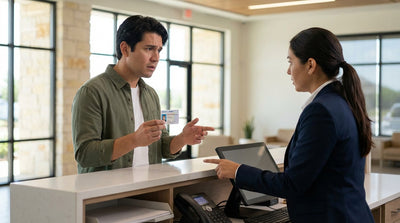 A modern car rental drives down a scenic, empty highway stretching through the Texas hill country