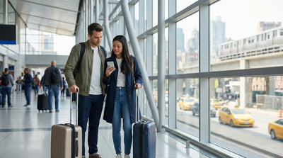 A yellow taxi cab drives over a bridge with the Manhattan skyline in the background for a car rental pickup in New York