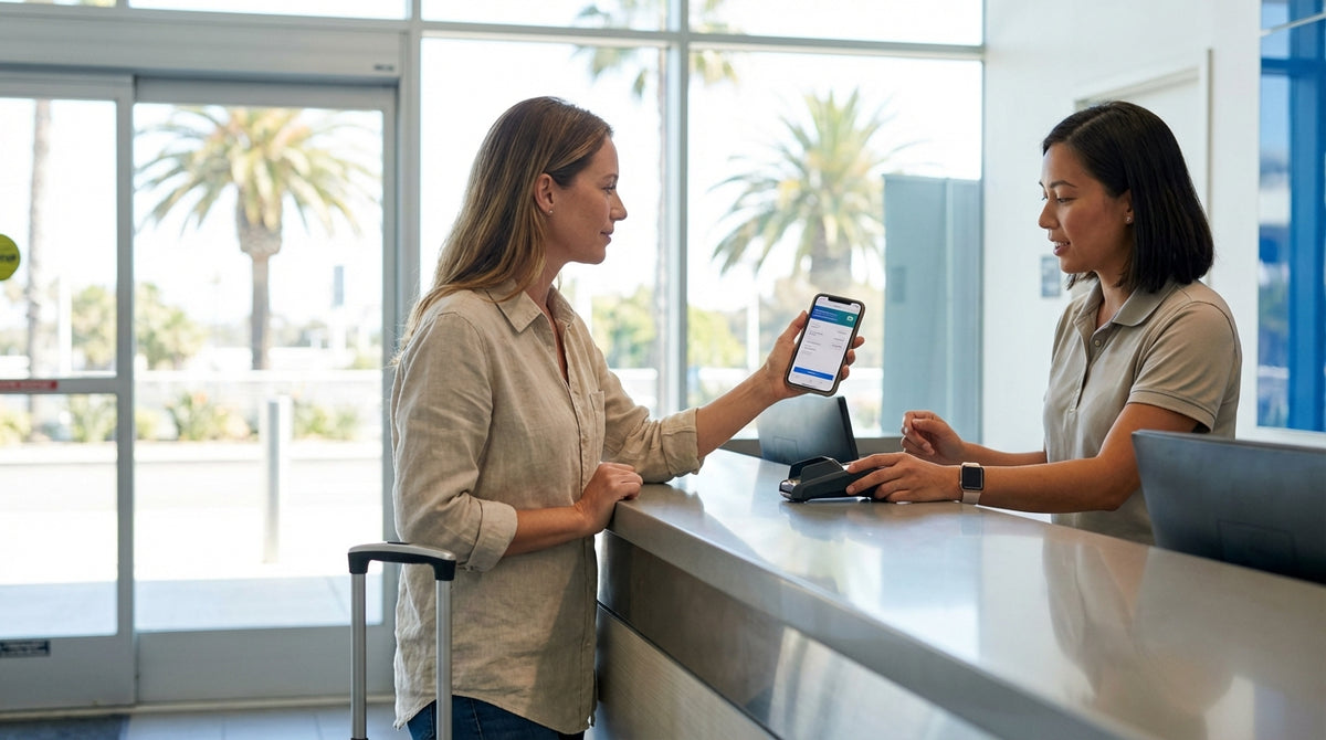 A convertible on a car hire road trip driving along a sunny coastal highway in California