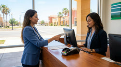 Person handing a credit card to a customer service agent at a Texas car hire desk