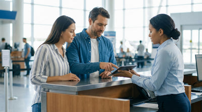 A woman inspects a white convertible car hire on a sunny street lined with palm trees in Los Angeles