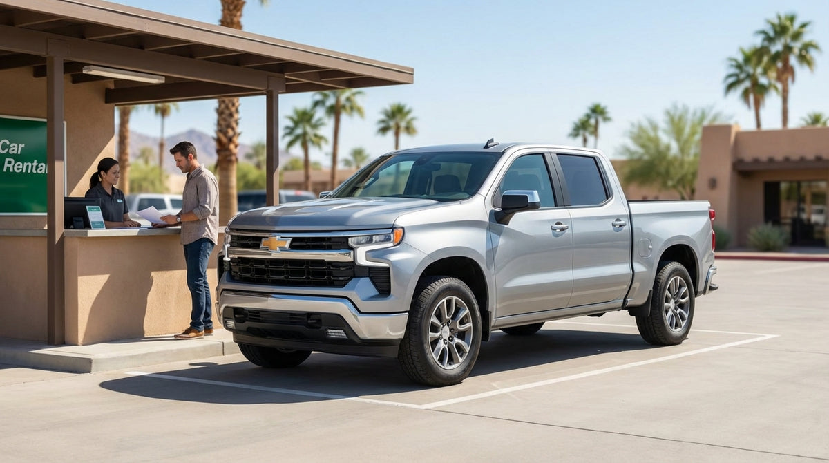 A white SUV car rental on a dusty road with the vast Texas plains stretching into the distance