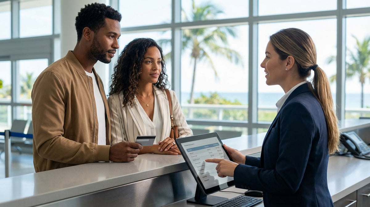 A red convertible car rental driving down a sunny, palm tree-lined street in Miami