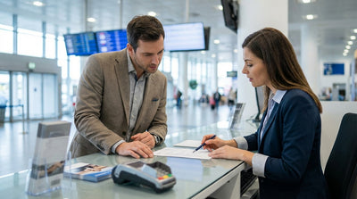 A person inspects a minor scratch on their car rental vehicle on a street in the United States