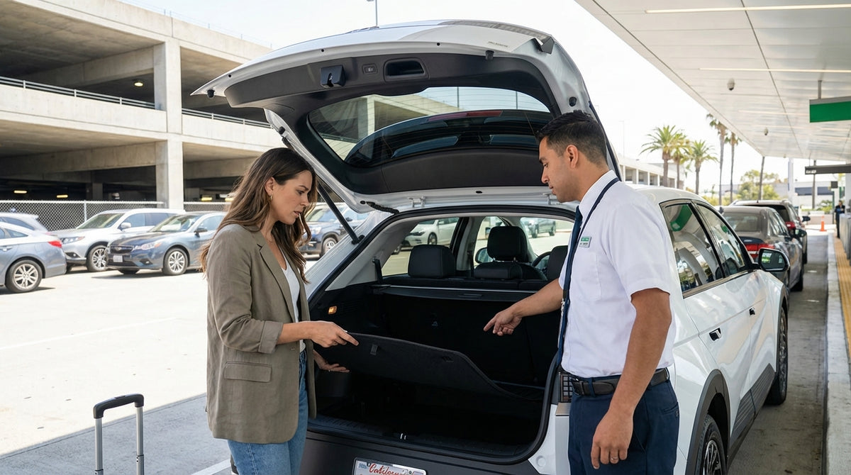 A person looks into the empty trunk of a modern electric car hire in a Los Angeles airport garage