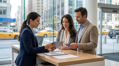 A smiling couple with a map stands by their car hire on a street in New York City
