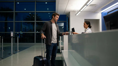 A brightly lit but empty car hire counter at the Orlando airport terminal late at night