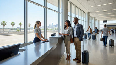 A convertible car hire drives down a long, scenic highway in the Texas desert at sunset