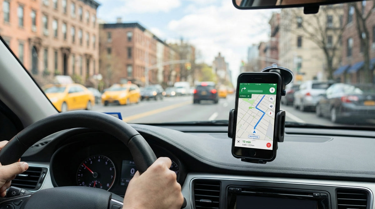 Driver's point of view in a car rental in New York, with a phone on a dashboard mount showing a map of the city