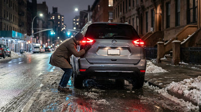 The red tail lights of a car hire glow on a snowy street in New York at night