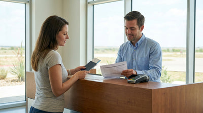 Close up of a customer receiving keys at a car rental desk in Texas