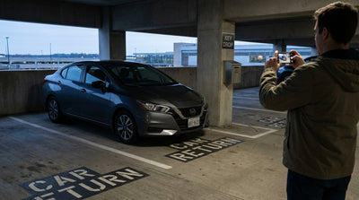 A driver returning a car hire at SFO, dropping the keys into the after-hours return slot in the dark
