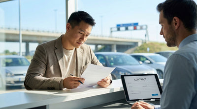 A red convertible car hire driving on a sunny coastal road lined with palm trees in Florida