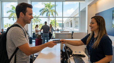 A person at a Miami airport car rental desk holding a passport and signing papers