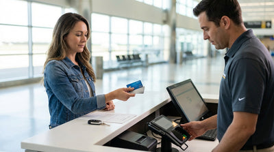 Customer pays for their Texas car hire with a credit card at a rental agency counter