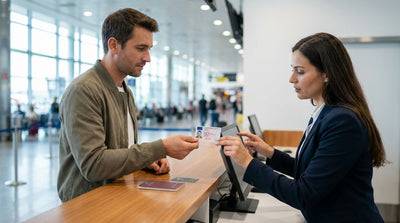 A red convertible car rental driving along a scenic desert highway in the United States