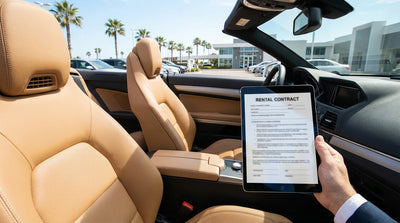 A customer at a car hire desk in Miami carefully reading their rental agreement document