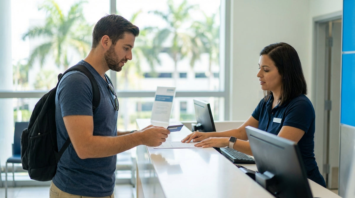 A modern white SUV car rental parked on a street in Miami lined with palm trees under a bright, sunny sky
