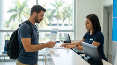 A modern white SUV car rental parked on a street in Miami lined with palm trees under a bright, sunny sky