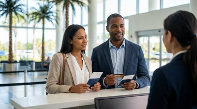 A customer discusses their prepaid car hire with an agent at a counter in the Orlando airport
