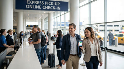 A smiling woman holding keys for her car hire in front of the JFK airport terminal in New York