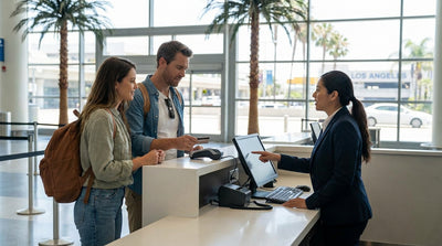 A white sedan used for a car hire parked on a sunny, palm tree-lined street in Los Angeles