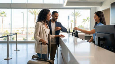 A traveler receives keys for their car rental at a busy counter inside the Las Vegas airport