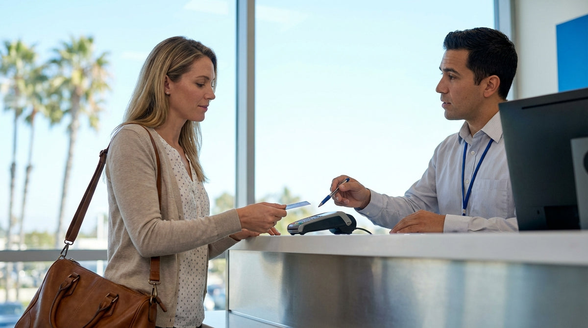 A person hands a credit card to an agent to pay for their car rental at an airport desk in California