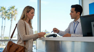 A person hands a credit card to an agent to pay for their car rental at an airport desk in California