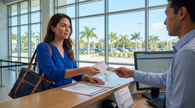 A person's hands holding the keys to their car hire and a recently renewed Florida driver's license