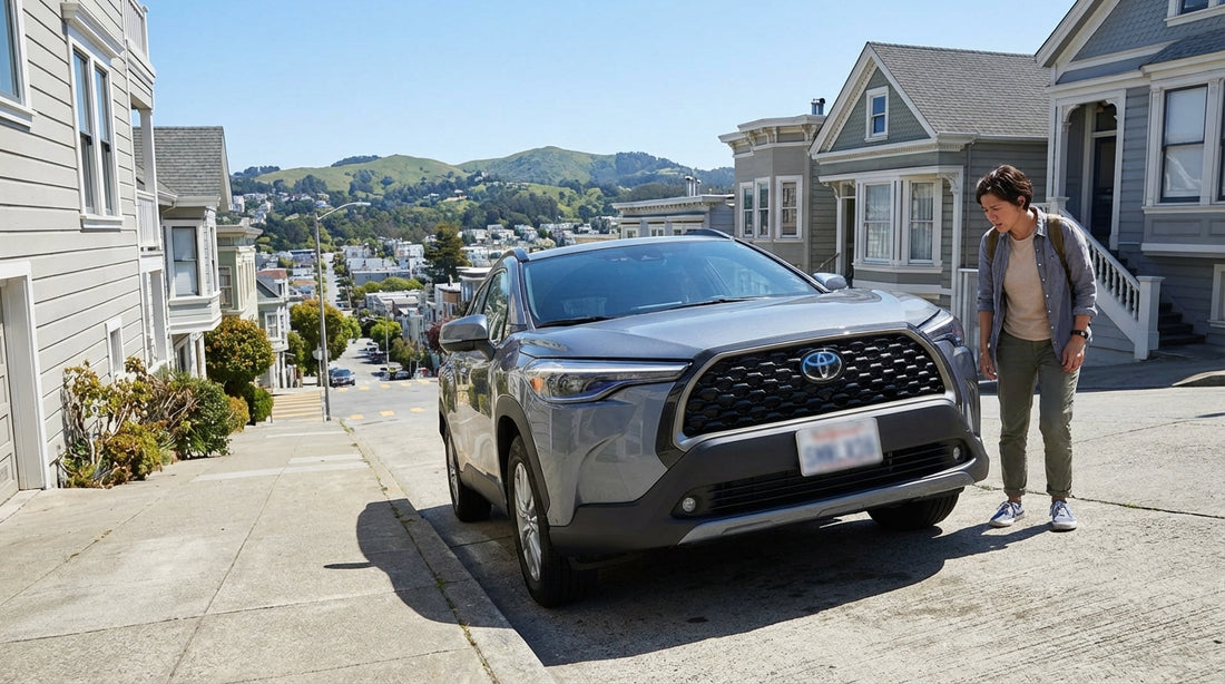 A car hire carefully navigates down a steep San Francisco street lined with colorful Victorian houses