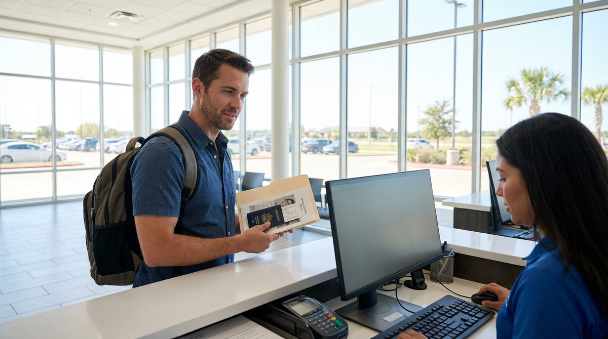 A lone car rental driving on a highway stretching through the vast Texas desert at sunset