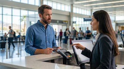 A person smiles holding keys to their car rental in a garage at the Las Vegas airport