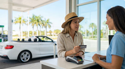 A customer at a car hire counter in a Florida airport hands their credit card to an agent