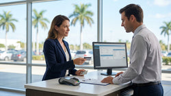 Customer handing a credit card to an agent at a car rental desk in Miami