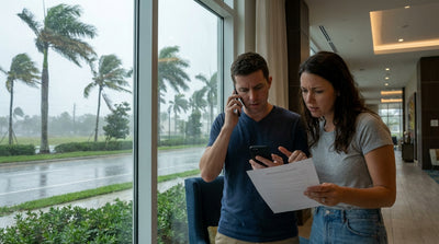 A modern car hire driving down a palm-lined Florida highway as dark storm clouds gather overhead
