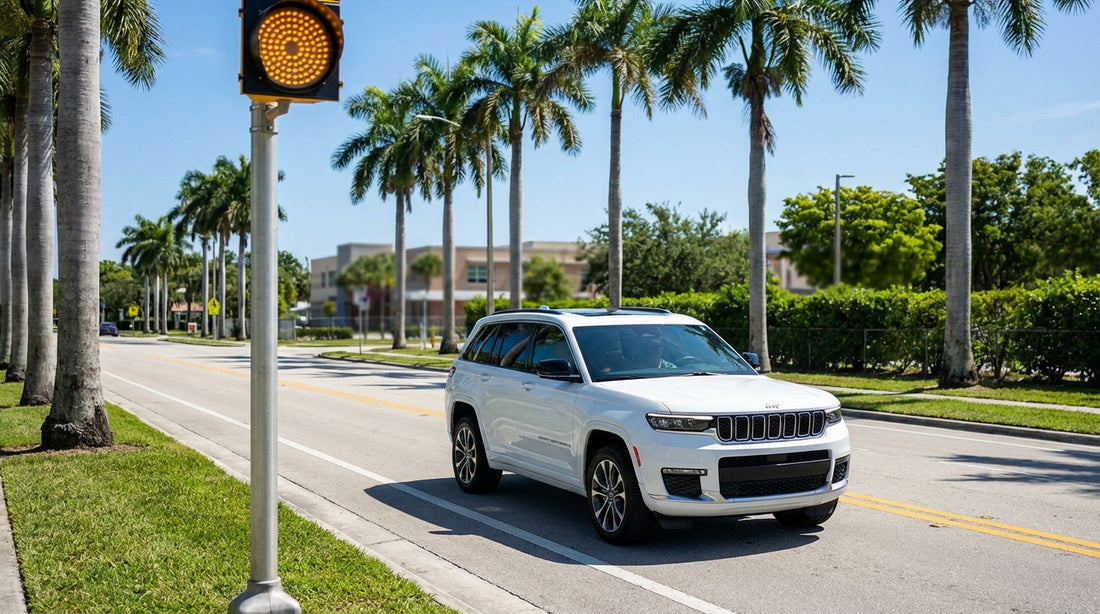 A car rental driving past a school zone sign with flashing yellow beacons on a sunny street in Orlando