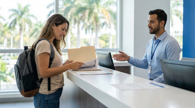 A person at a Miami car rental counter speaks with a staff member while holding up their smartphone