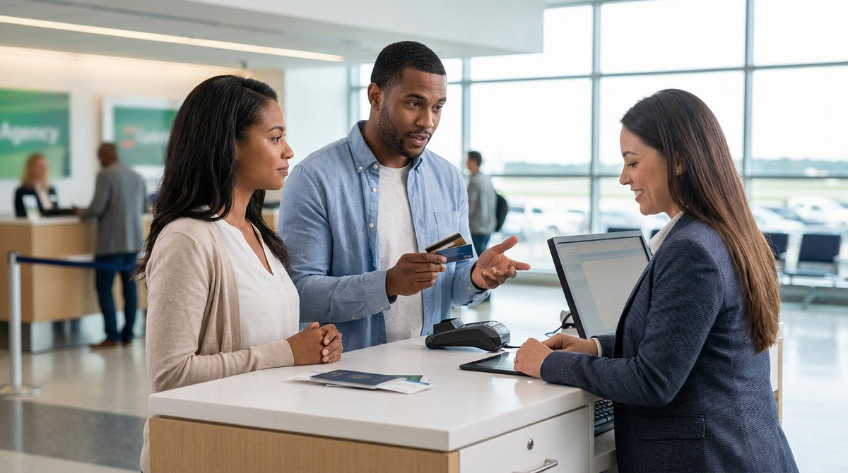 A person driving a convertible car hire along a sunny, palm-lined oceanfront road in Florida