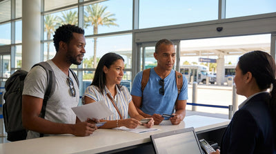 A person at a Los Angeles airport counter finalizing their car rental agreement with an agent