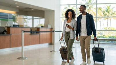 A smiling couple in a white convertible car rental driving along Ocean Drive in Miami on a sunny day