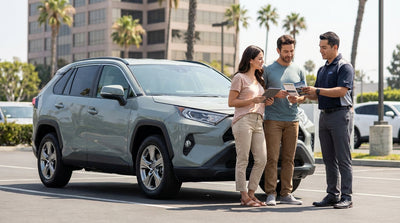 A driver on the phone next to their car rental with the hood up on a highway in Los Angeles