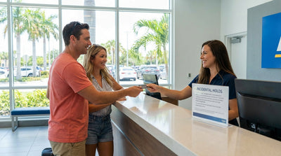 A customer at a car hire counter in Florida hands a credit card to an agent to pick up their keys