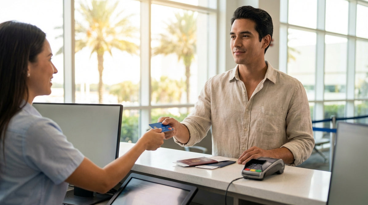 A person at a car hire desk in Orlando handing a debit card to a friendly airport rental agent