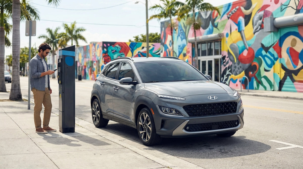 A car hire parked by a vibrant street art mural on a sunny day in the Wynwood neighborhood of Miami