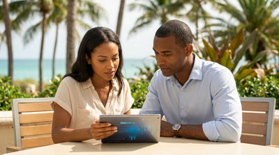 A convertible car hire drives down a scenic coastal highway lined with palm trees under the Florida sun