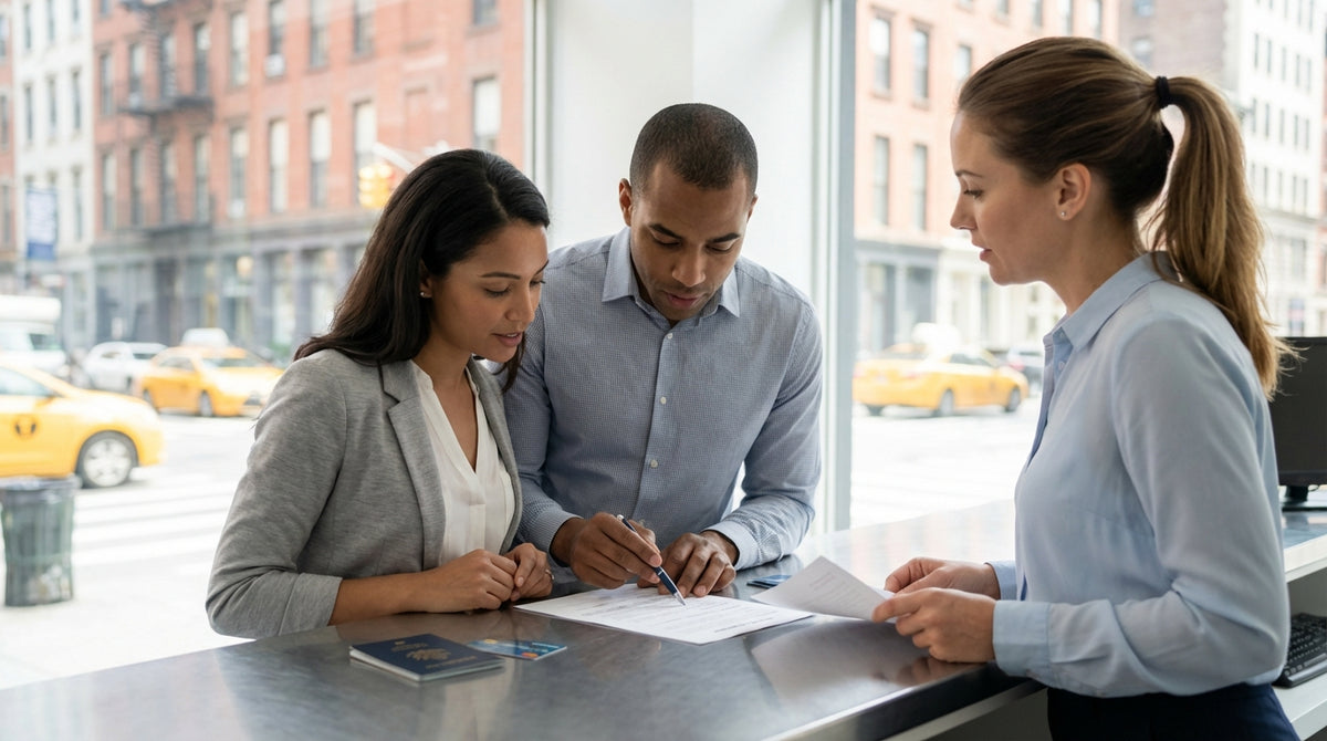 A customer carefully reviews a car rental agreement form at an office desk in New York