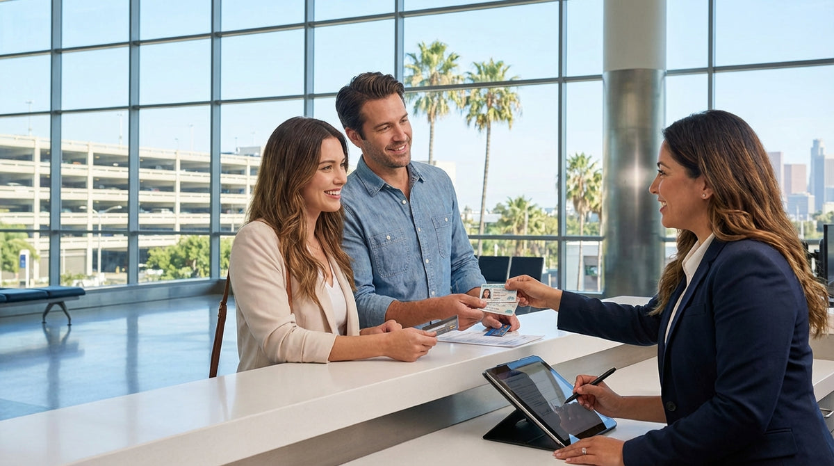 Two people smile in a convertible for their car hire, driving down a sunny, palm-lined street in Los Angeles