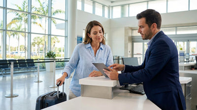 A shiny new convertible ready for car hire on a sunny, palm-lined street in Orlando